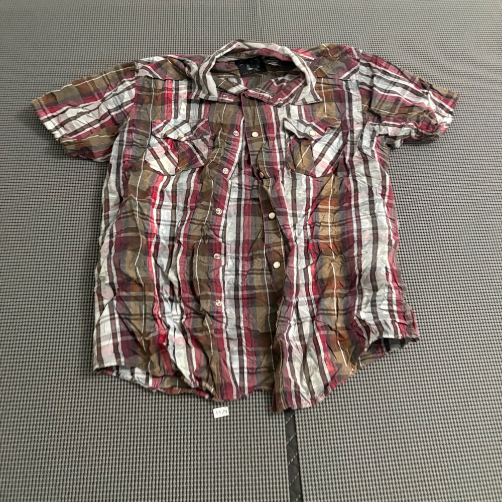 Age of Wisdom Mens Red Brown Plaid Snap Front Short Sleeve Cotton Shirt Size M